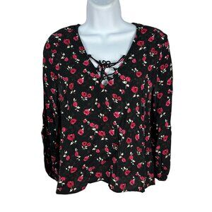 Forever 21 Womens Floral Lace-Up Blouse Size M Black Red Long Sleeves Casual Top